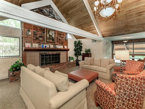 a living room with couches and chairs and a fireplace